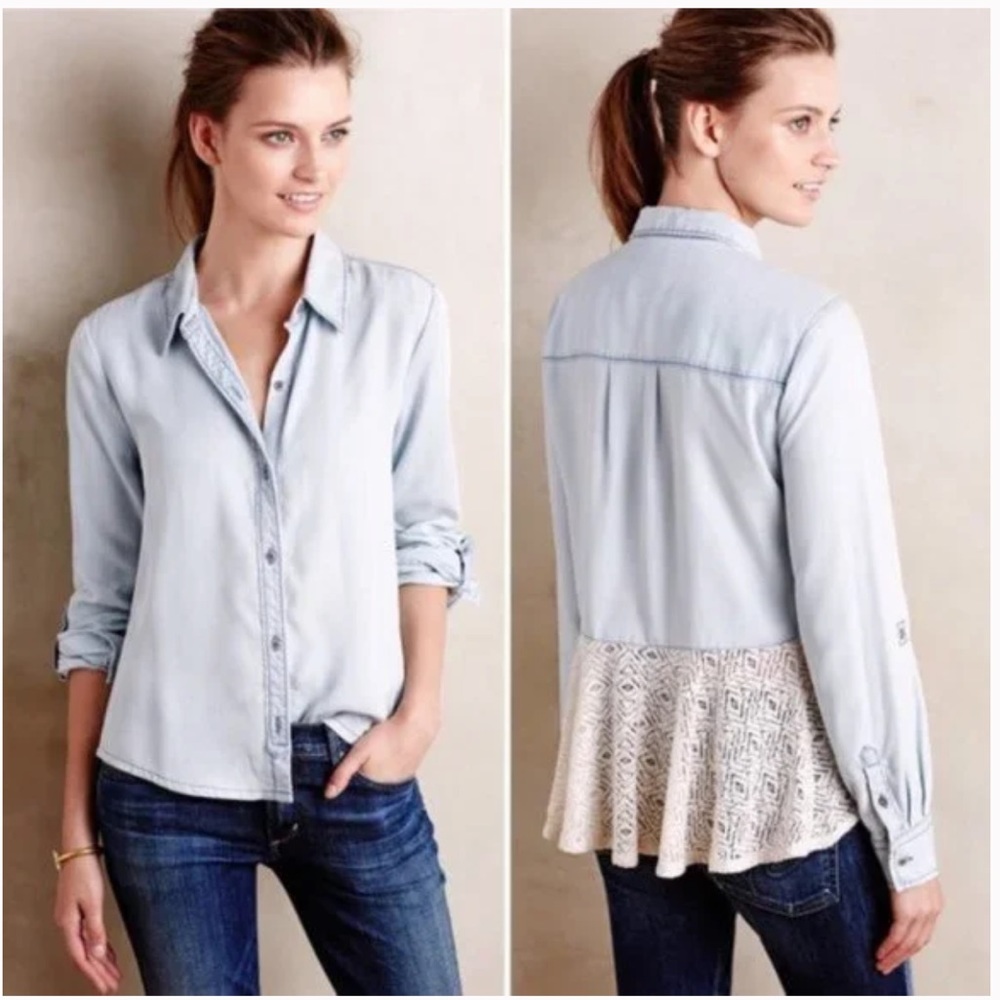 Anthro | Holding Horses Chambray Lace Back Top